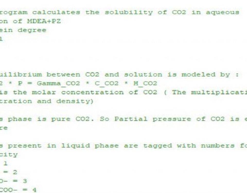محاسبه حلالیت تعادلی کربن دی اکسید در محلول پپرازین و MDEA در متلب